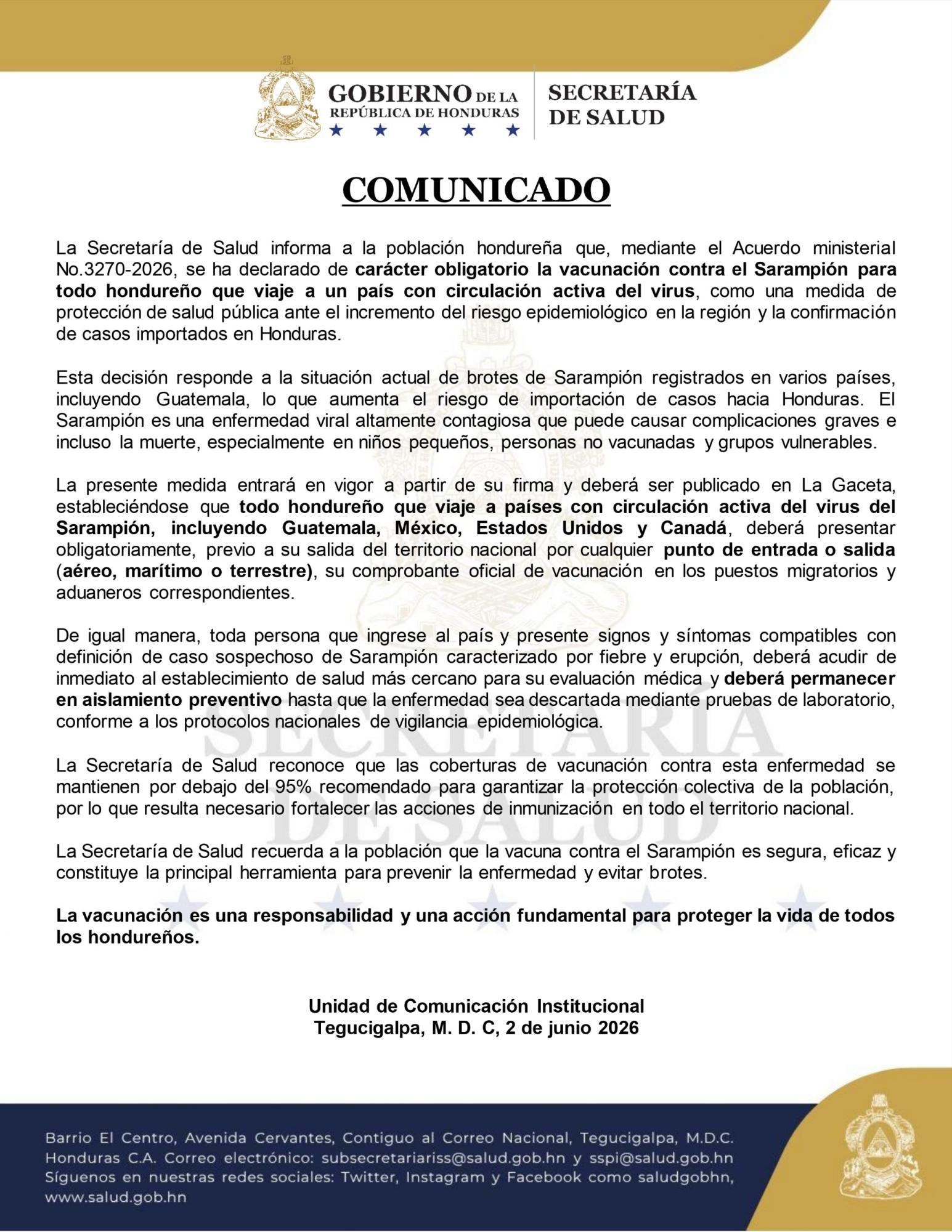 Salud declara obligatoria la vacuna contra el sarampión para hondureños que viajen al extranjero
