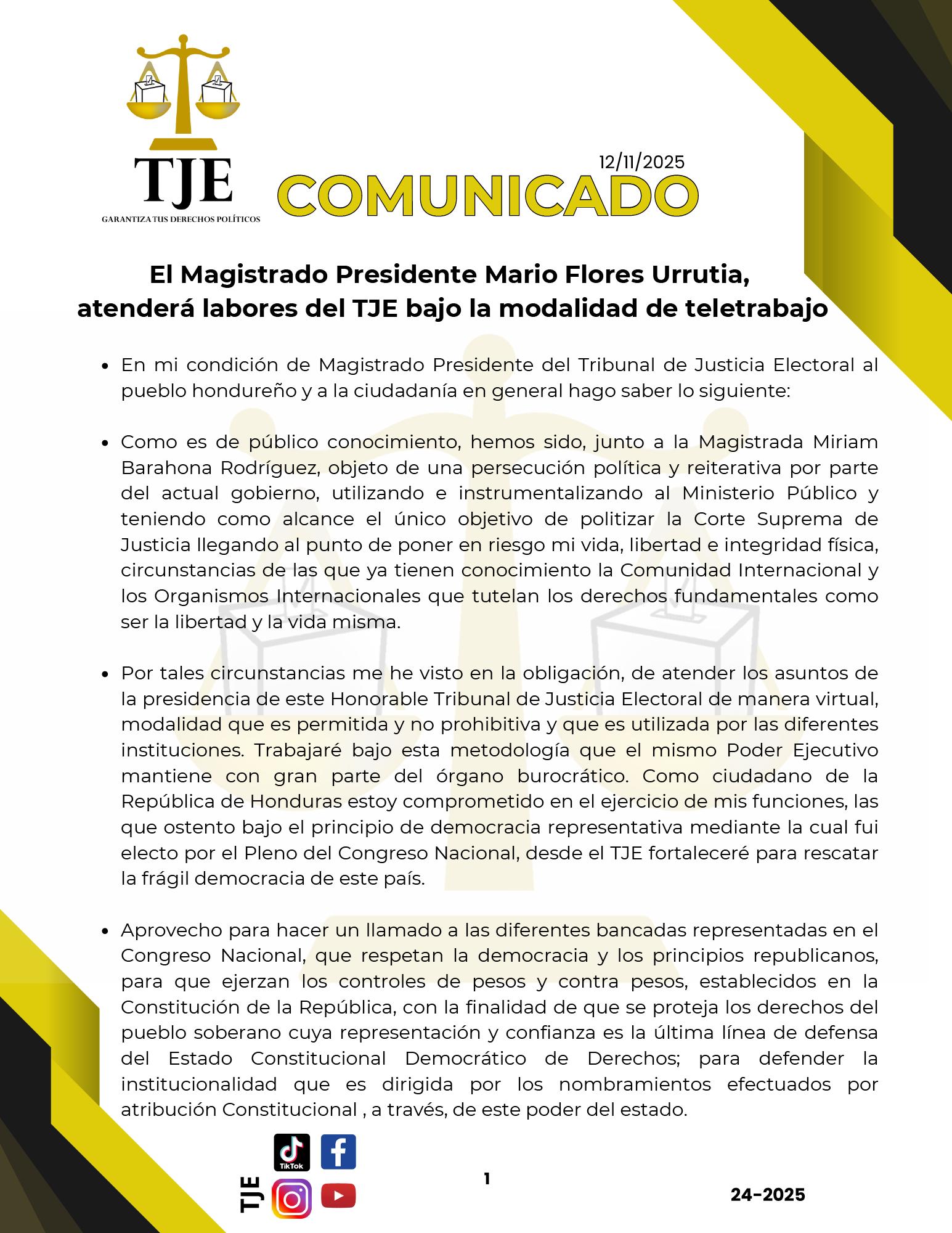 El magistrado Mario Flores anuncia que trabajará de forma remota