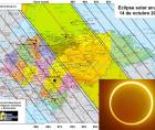 Mapa de Honduras con las especificaciones de los lugares donde se observará el eclipse solar anular. La parte amarilla donde cruza la línea roja serán los sitios donde se verá