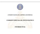 Portada del informe final de la Comisión Especial de Juicio Político contra Marlon Ochoa y Mario Morazán, entregado al Congreso Nacional con recomendaciones de destitución.