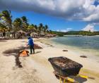 En Roatán cuadrillas hoteleras no bajan la guardia y limpian los últimos rastros de sargazo en la bahía.