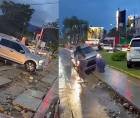 Varios vehículos quedaron atascados en las zanjas abiertas en el bulevar Los Próceres, en San Pedro Sula.
