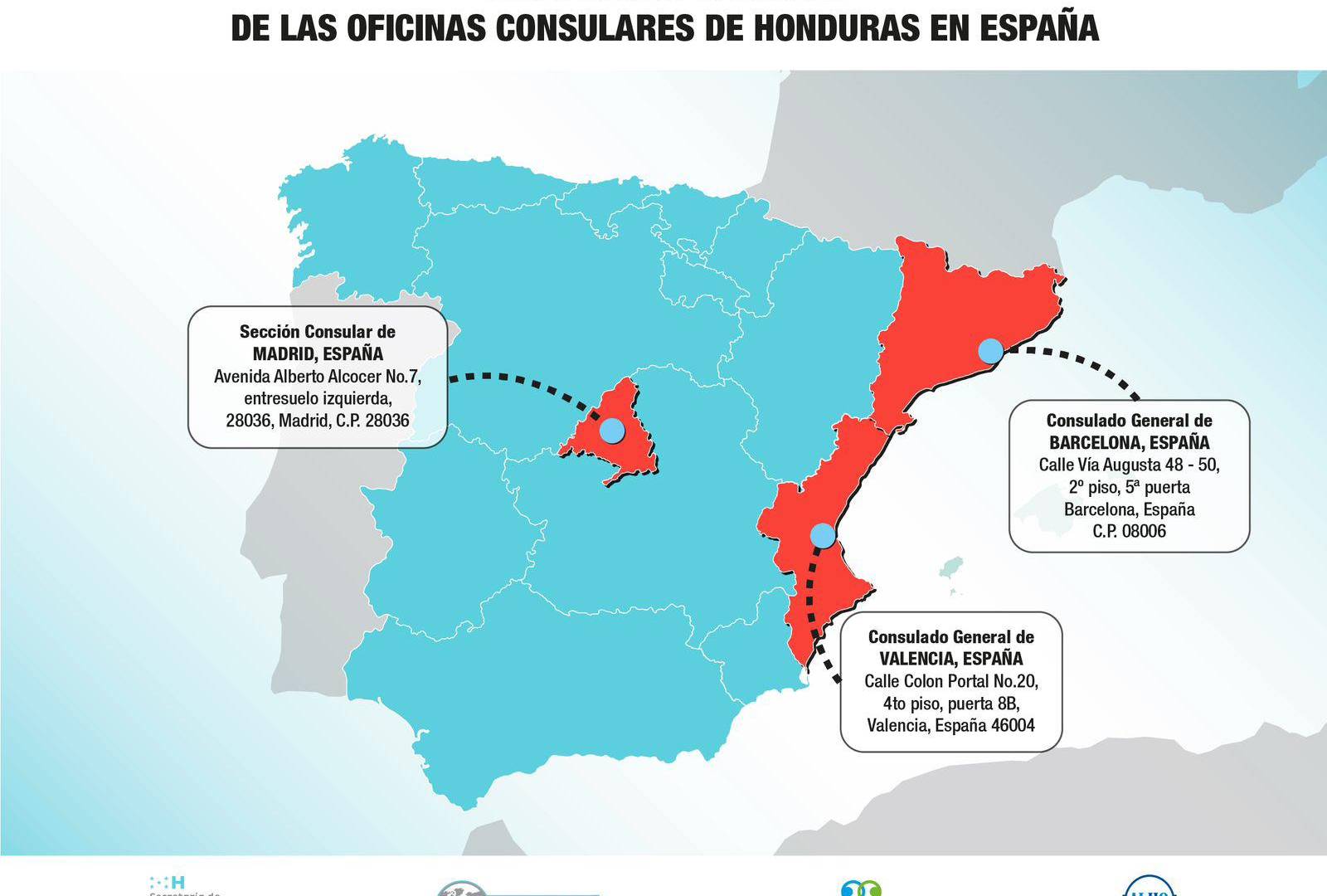 $!Ubicaciones de los consulados de Honduras en España.