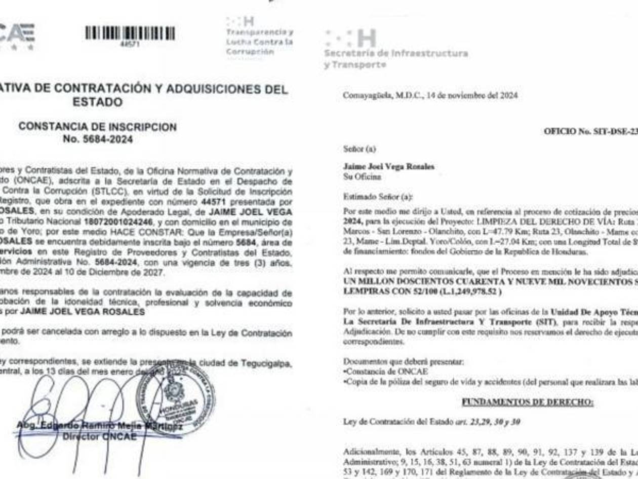 Jaime Rosales, militante del partido Libre, recibió un gran contrato para obras de limpieza de carretera. A la izquierda, su acreditación emitida por la Oncae.