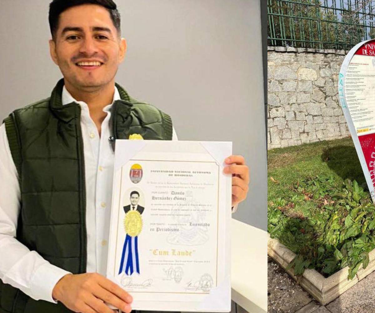 A la izquierda, sostiene con orgullo un título de la Unah, y a la derecha, tiempo después, aparece en la Universidad de Salamanca, donde culminó su maestría.