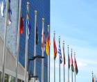 Banderas de varios países en la sede de la ONU en Nueva York, Estados Unidos.