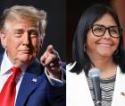 Fotografías de archivo del presidente de Estados Unidos, Donald Trump (i), y de la presidenta encargada de Venezuela, Delcy Rodríguez, quienes se reunirán este martes por primera vez en persona. EFE/ Albert Pena/ Ronald Peña R.