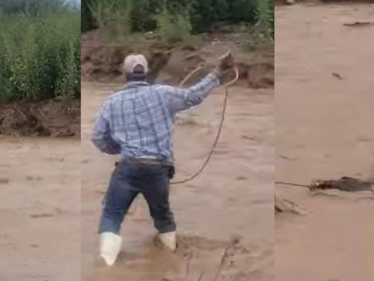 Video viral: Rescatan con lazo a hombre que era arrastrado por un río