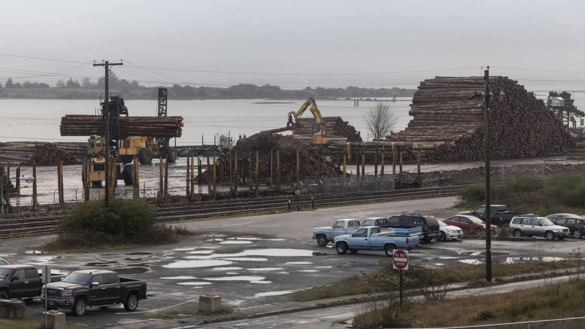 $!La tala conlleva la promesa de una vida más próspera. Troncos para su envío en un puerto en North Bend, Oregon.