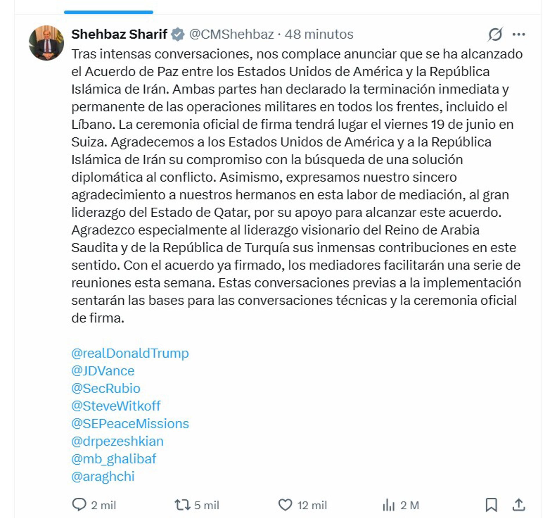 Primer ministro pakistaní, Shehbaz Sharif, confirmó acuerdo de paz entre Estados Unidos e Irán en su cuenta de X.