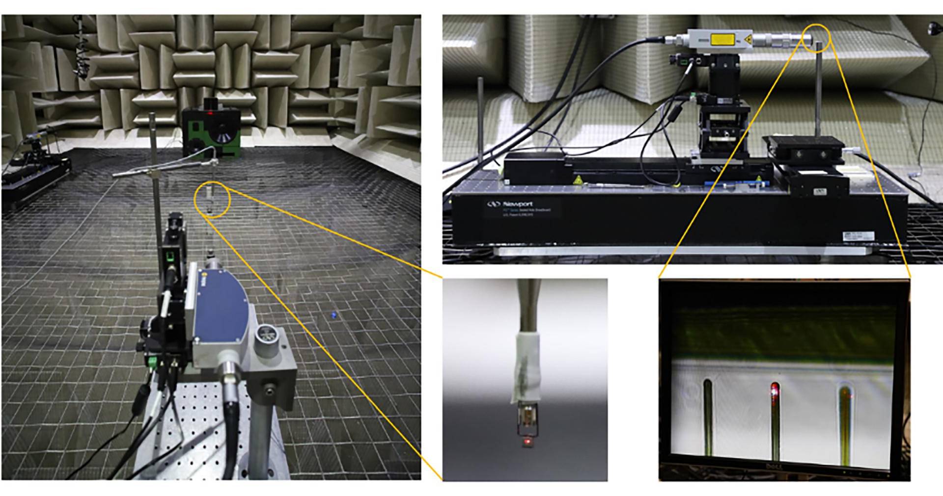 $!Configuración experimental de un micrófono que responde a diminutas fluctuaciones en el flujo de aire creadas por sonido.