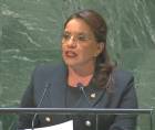 La presidenta Xiomara Castro pronunciando su discurso en la asamblea de la ONU.