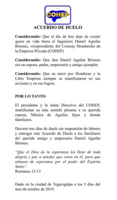 Fallece el vicepresidente del Cohep, Daniel Aguilar