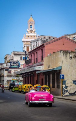 Havana, Cuba - October 8, 2016: Vintage car next to Floridita restaurant in Old Havana