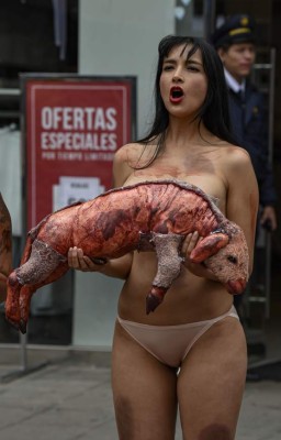 An activist of the animal rights group PETA (People for the Ethical Treatment of Animals) takes part in a protest in defence of sheep and against the use of wool, outside the US clothing brand Forever 21, in Bogota on September 24, 2019. (Photo by Juan BARRETO / AFP)