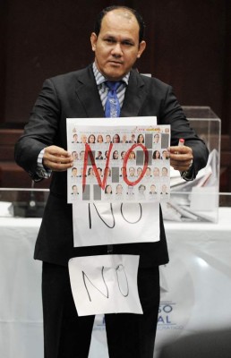 An opposition deputy shows a ballot reading 'No' as he refuses to vote for the candidates to the Supreme Court of Justice at the Honduran Congress in Tegucigalpa on January 28, 2016. Eight of 15 magistrates were elected past Thursday, but seven are still to be elected among 37 candidates, since they need at least 86 votes of the 128 deputies. AFP PHOTO/Orlando SIERRA