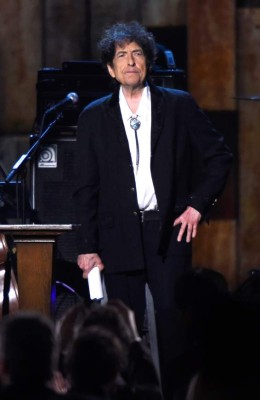 (FILES) This file photo taken on February 6, 2015 shows Bob Dylan at the 25th anniversary MusiCares 2015 Person Of The Year Gala honoring Bob Dylan at the Los Angeles Convention Center in Los Angeles, California. A writer has charged that rock legend Bob Dylan lifted sections of his Nobel Prize lecture from SparkNotes, the free online study guide aimed at students. Dylan, the surprise winner of the Nobel Prize for Literature, last week delivered a long-awaited lecture that was a requirement to receive the eight million kroner ($923,000) prize from the Swedish Academy. / AFP PHOTO / GETTY IMAGES NORTH AMERICA / Frazer Harrison
