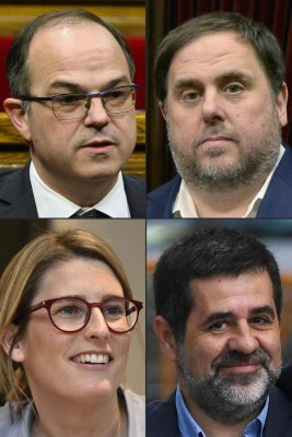 (COMBO) This combination of pictures created on March 02, 2018 shows (fromL, top) members of Catalonia's parliament Jordi Turull, jailed Catalan leader Oriol Junqueras, 'Junts per Catalonia' - JUNTSXCAT (All for Catalonia) separatist party's member Elsa Artadi and jailed civil society leader Jordi Sanchez.After Catalonia's deposed leader Carles Puigdemont abandoned his bid to return as regional president, Catalan separatist parties are negotiating to try to find a suitable candidate, some of whom, like Junqueras and Sanchez, facing legal problems.After Catalonia's deposed leader Carles Puigdemont abandoned his bid to return as regional president, Catalan separatist parties are negotiating to try to find a suitable candidate.Catalan separatist parties are considering appointing jailed civil society leader Jordi Sanchez as regional president as their negotiations to try and find a suitable candidate draw to a close, a lawmaker said. / AFP PHOTO