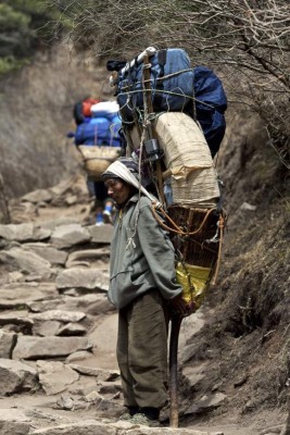 Khumbu, Nepal - March 6, 2010: Porters carrying heavy load in Sagarmatha National Park