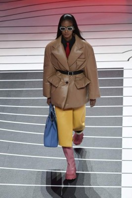 A model presents a creation for Prada's Women Fall - Winter 2020 fashion collection on February 20, 2020 in Milan. (Photo by MIGUEL MEDINA / AFP)