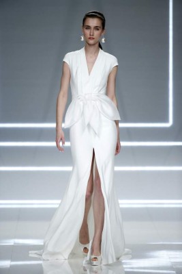 BARCELONA, SPAIN - APRIL 26: A model walks the runway at Rosa Clara bridal fashion Season 2017 show during 'Barcelona Bridal Fashion Week 2016' on April 26, 2016 in Barcelona, Spain. (Photo by Estrop/Getty Images)
