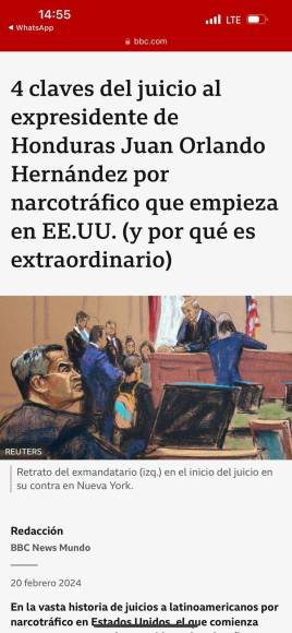 El medio internacional BBC: “4 claves del juicio al expresidente de Honduras Juan Orlando Hernández por narcotráfico que empieza en EE UU (y por qué es extraordinario”.