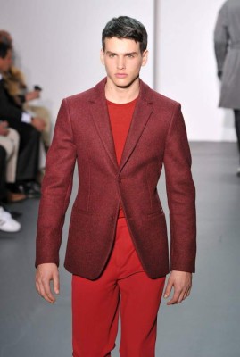 A model walks the runway at the Calvin Klein Men's Collection Fall 2011 fashion show during Mercedes-Benz Fashion Week at 205 West 39th Street on February 13, 2011 in New York City.