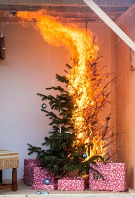 A burning Christmas tree is seen in a fake living room installed by firemen in a container to demonstrate the dangers during the time of Advent on December 4, 2018 in Ahrensburg, northern Germany. (Photo by Daniel Bockwoldt / dpa / AFP) / Germany OUT