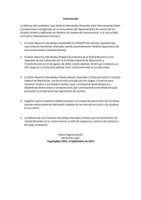 Comunicado de abogado defensor de Tony Hernández