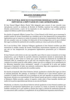 Juez mantiene medidas contra implicados en caso Astropharma