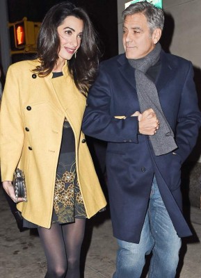 New York, NY - George and Amal Clooney leave Kappo Masa restaurant in the upper east-side in New York City with some followers. As the couple walked to their car they where followed by a group of fans and photographers. George escorted his lovely Amal in the cold night as she held his hand tight. AKM-GSI March 7, 2015 To License These Photos, Please Contact : Steve Ginsburg (310) 505-8447 (323) 423-9397 steve@akmgsi.com sales@akmgsi.com or Maria Buda (917) 242-1505 mbuda@akmgsi.com ginsburgspalyinc@gmail.com