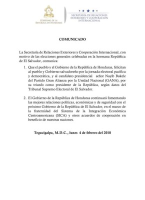 Gobierno de Honduras felicita a Nayib Bukele por triunfo en elecciones