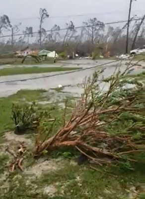 Destroyed trees are seen near houses in Central Pines in Marsh Harbour on Abaco Island in the Bahamas on September 2, 2019 - Monster storm Dorian came to a near stand-still over the Bahamas, prolonging the agony as surging seawaters and hurricane winds made a shambles of low-lying island communities and spurred mass evacuations along the US east coast. (Photo by Ramond A King / FACEBOOK / AFP) / RESTRICTED TO EDITORIAL USE - MANDATORY CREDIT 'AFP PHOTO / FACEBOOK / Ramond A. King' - NO MARKETING NO ADVERTISING CAMPAIGNS - DISTRIBUTED AS A SERVICE TO CLIENTS