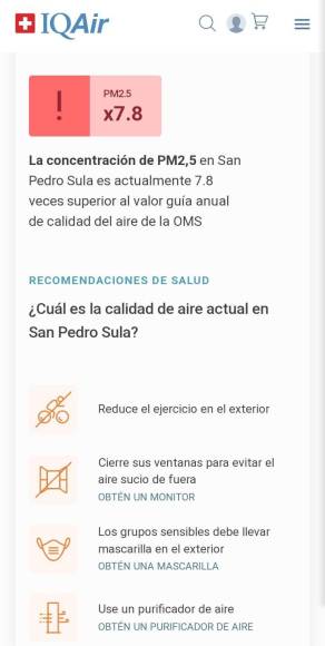 Recomendaciones de IQAir para la población de San Pedro Sula. Incluso se sugiere el uso de purificadores de aire. 