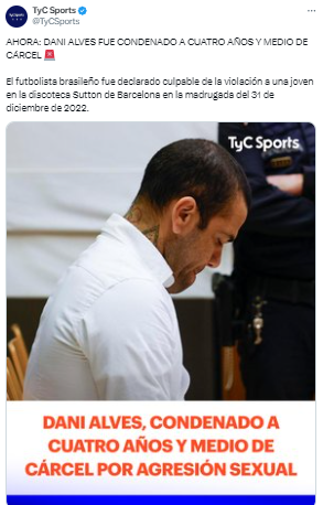 TyC Sports de Argentina: “El futbolista brasileño fue declarado culpable de la violación a una joven en la discoteca Sutton de Barcelona”