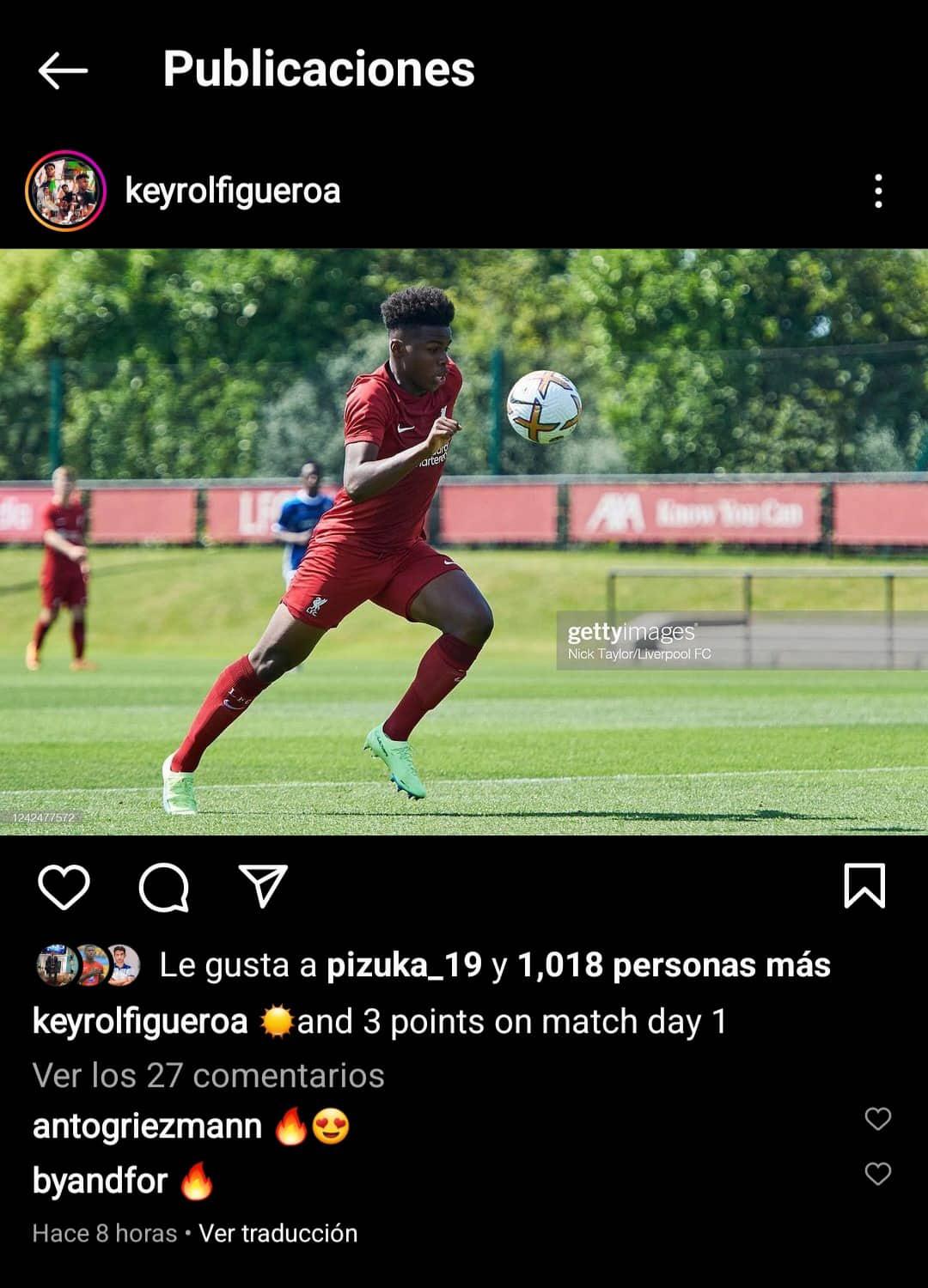 Los emoji de Griezmann al post del hijo de Maynor Figueroa tras debutar con la U1-8 del Liverpool.