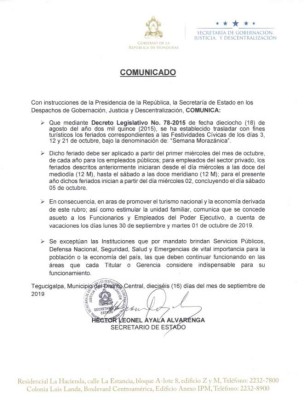 Gobierno da a conocer las fechas del feriado morazánico 2019