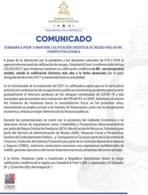 Honduras mantiene su calificación crediticia otorgada por agencia Standard y Poor’s