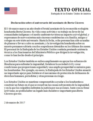 Embajada de EUA extiende declaración sobre aniversario de muerte de Cáceres   