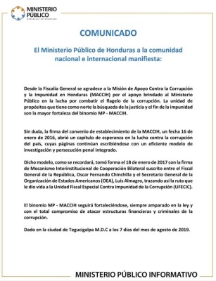 Maccih reconoce el liderazgo del fiscal Óscar Chinchilla