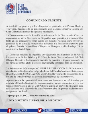 Olimpia y Motagua jugarán con presencia de ambas barras