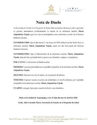 Muere por COVID-19 una enfermera asignada al Mario Rivas de San Pedro Sula