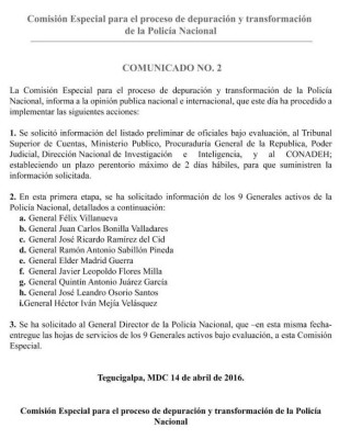 Comisión depuradora pide información de nueve generales activos