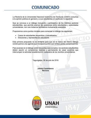 Rectoría de la Unah cede y convoca a diálogo