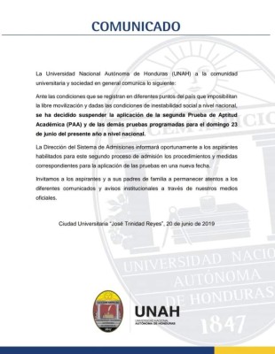 Suspenden aplicación de la prueba de admisión de la Unah