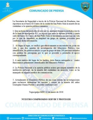 La Policía se pronuncia ante muerte de repartidor de comida en San Pedro Sula