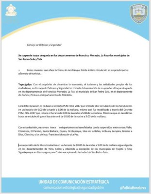 Gobierno suspende toque de queda en SPS y Francisco Morazán