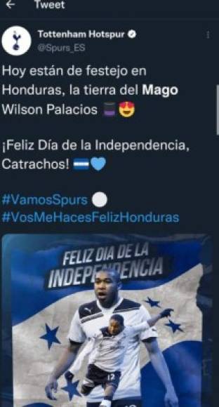 El Tottenham Hotspur de Inglaterra se unió a las felicitaciones por los 200 años de Independencia: 'Hoy están de festejo en Honduras, la tierra del Mago Wilson Palacios', publicaron en sus redes sociales.