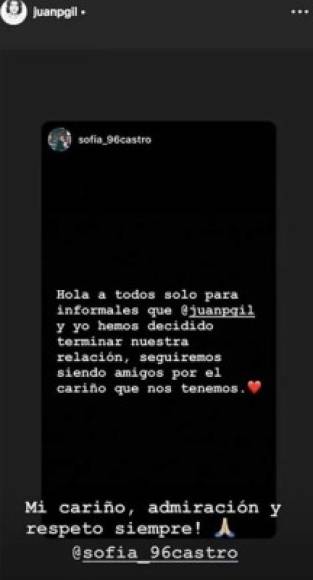 “Hola a todos, solo para informarles que Juan Pablo Gil y yo hemos decidido terminar nuestra relación, seguiremos siendo amigos por el cariño que nos tenemos”, escribió la actriz. <br/>