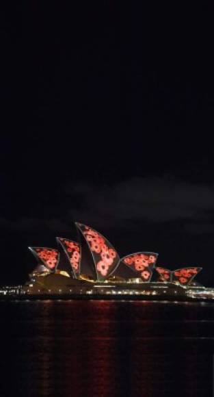 Australia. Recuerdan fin de la guerra. La Ópera de Sídney fue iluminada con amapolas rojas para recordar el fin de la Primera Guerra Mundial.